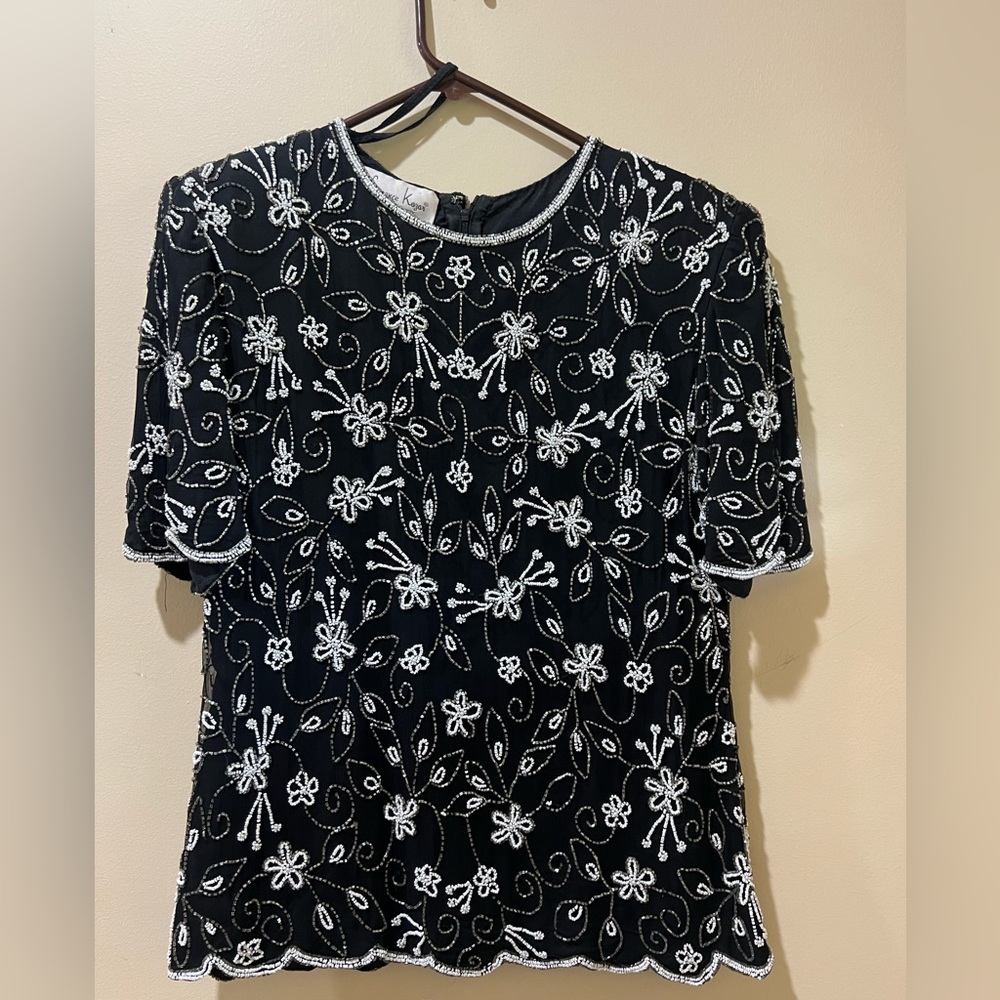 Laurence Kazar, Black & white blouse, beautiful handmade stitching, like new, XL